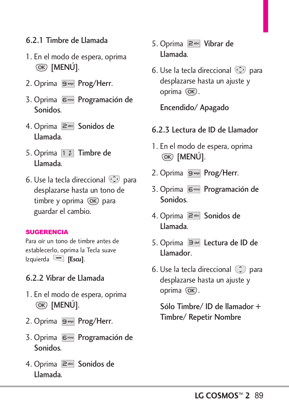 1 timbre de llamada, 2 vibrar de llamada, 3 lectura de id de llamador | LG LGVN251 User Manual | Page 230 / 292