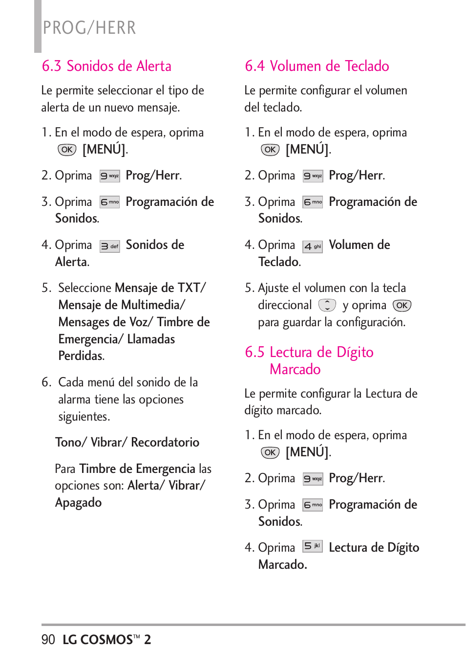 3 sonidos de alerta, 4 volumen de teclado, 5 lectura de dígito marcado | Prog/herr | LG LGVN251 User Manual | Page 231 / 292