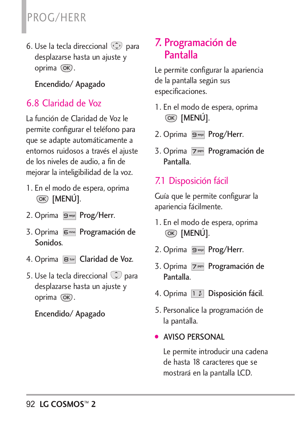 8 claridad de voz, Programación de pantalla, 1 disposición fácil | Prog/herr | LG LGVN251 User Manual | Page 233 / 292