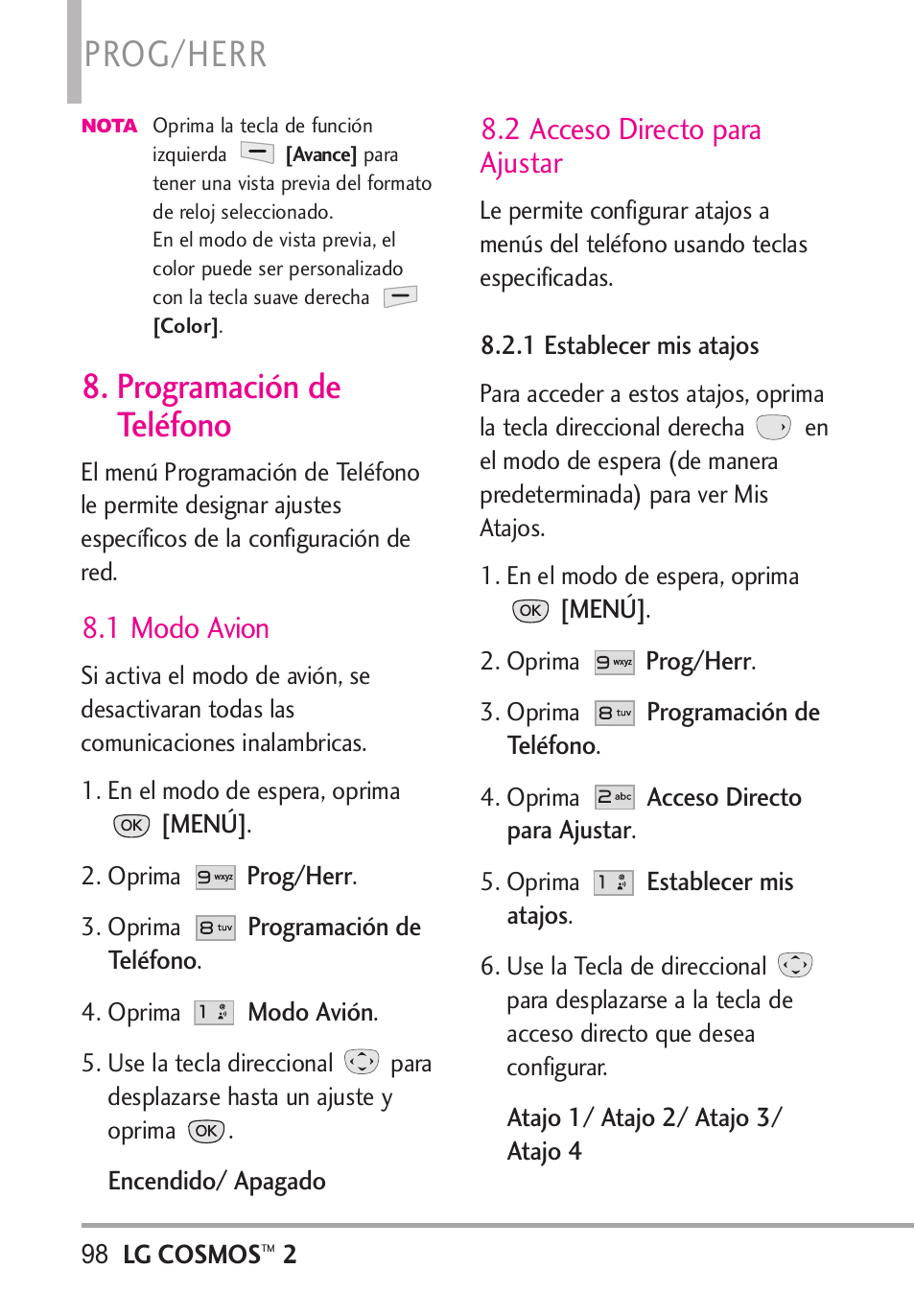 Programación de teléfono, 1 modo avion, 2 acceso directo para ajustar | 1 establecer mis atajos, Prog/herr | LG LGVN251 User Manual | Page 239 / 292