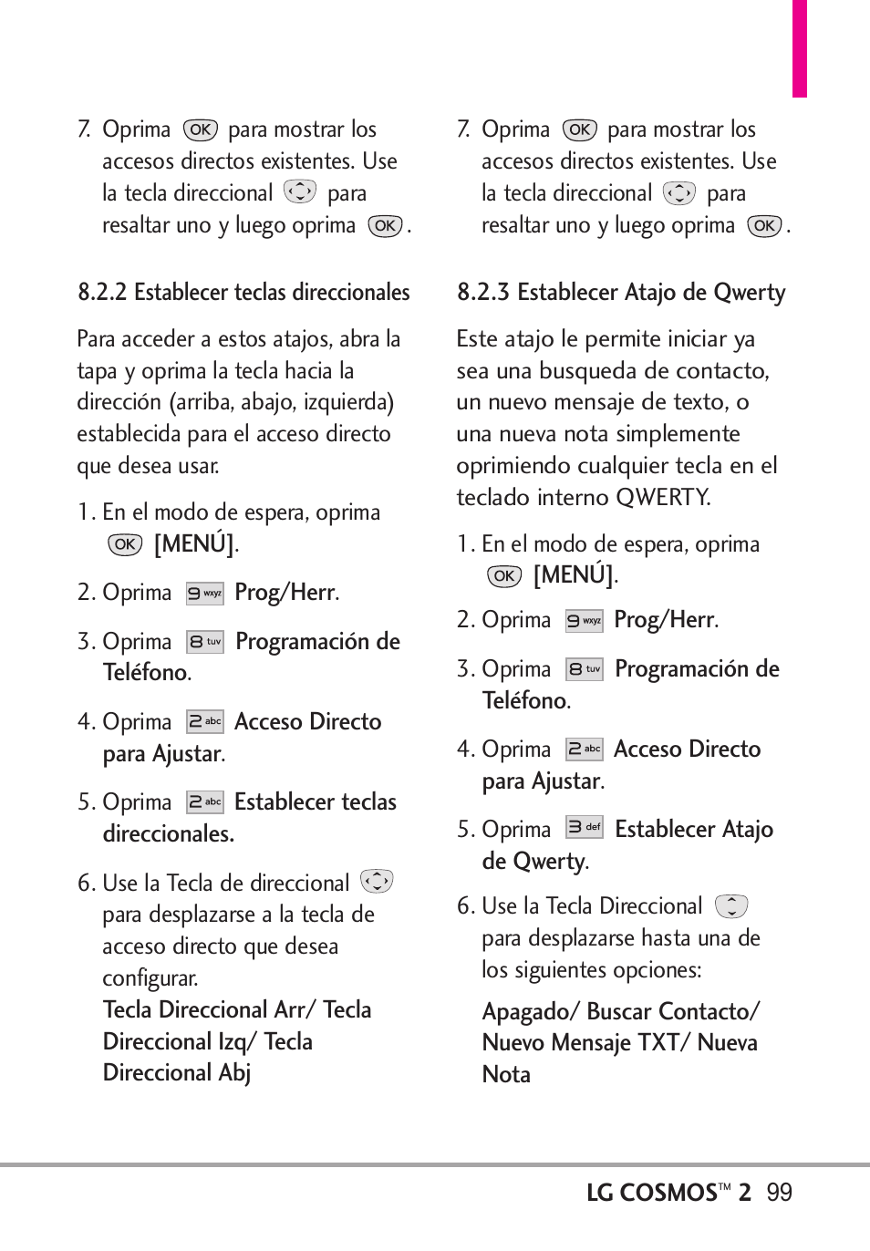 2 establecer teclas dir, 3 establecer atajo de qw | LG LGVN251 User Manual | Page 240 / 292