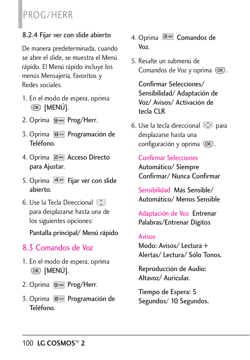 4 fijar ver con slide ab, 3 comandos de voz, 4 fijar ver con slide abierto | Prog/herr | LG LGVN251 User Manual | Page 241 / 292