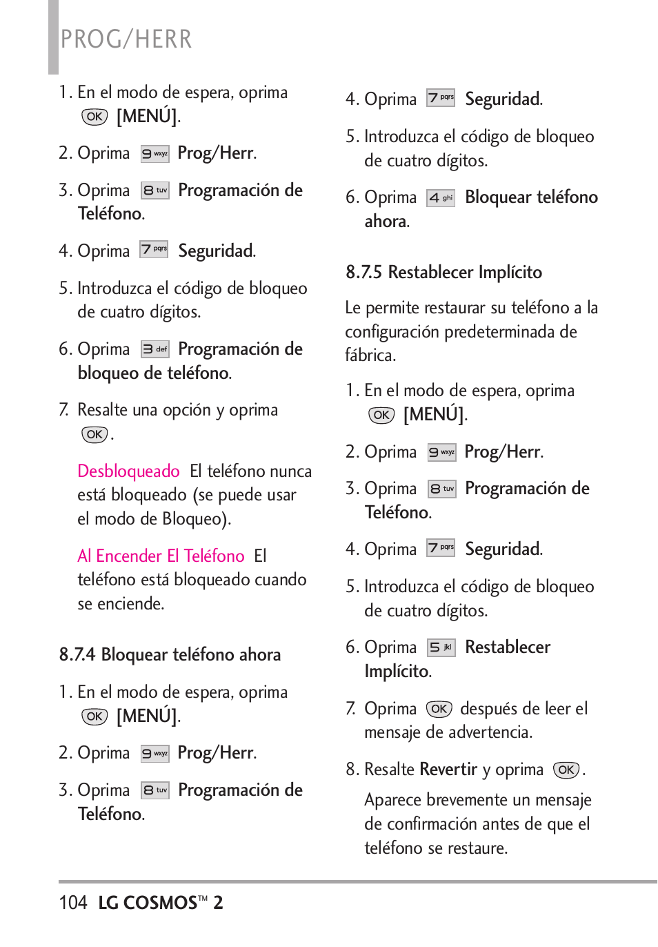 4 bloquear teléfono ahora, 5 restablecer implícito, Prog/herr | LG LGVN251 User Manual | Page 245 / 292