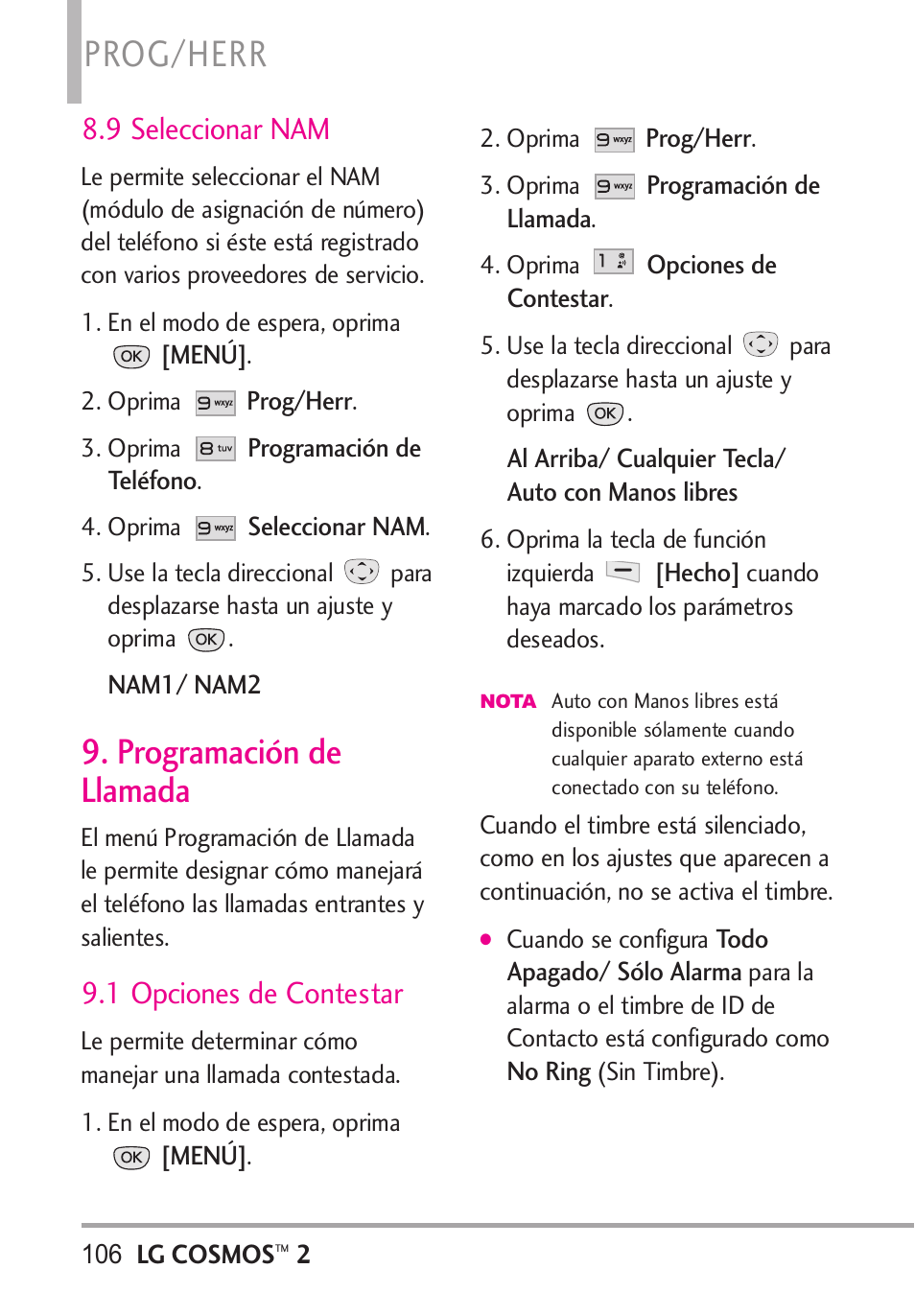 9 seleccionar nam, Programación de llamada, 1 opciones de contestar | Prog/herr | LG LGVN251 User Manual | Page 247 / 292