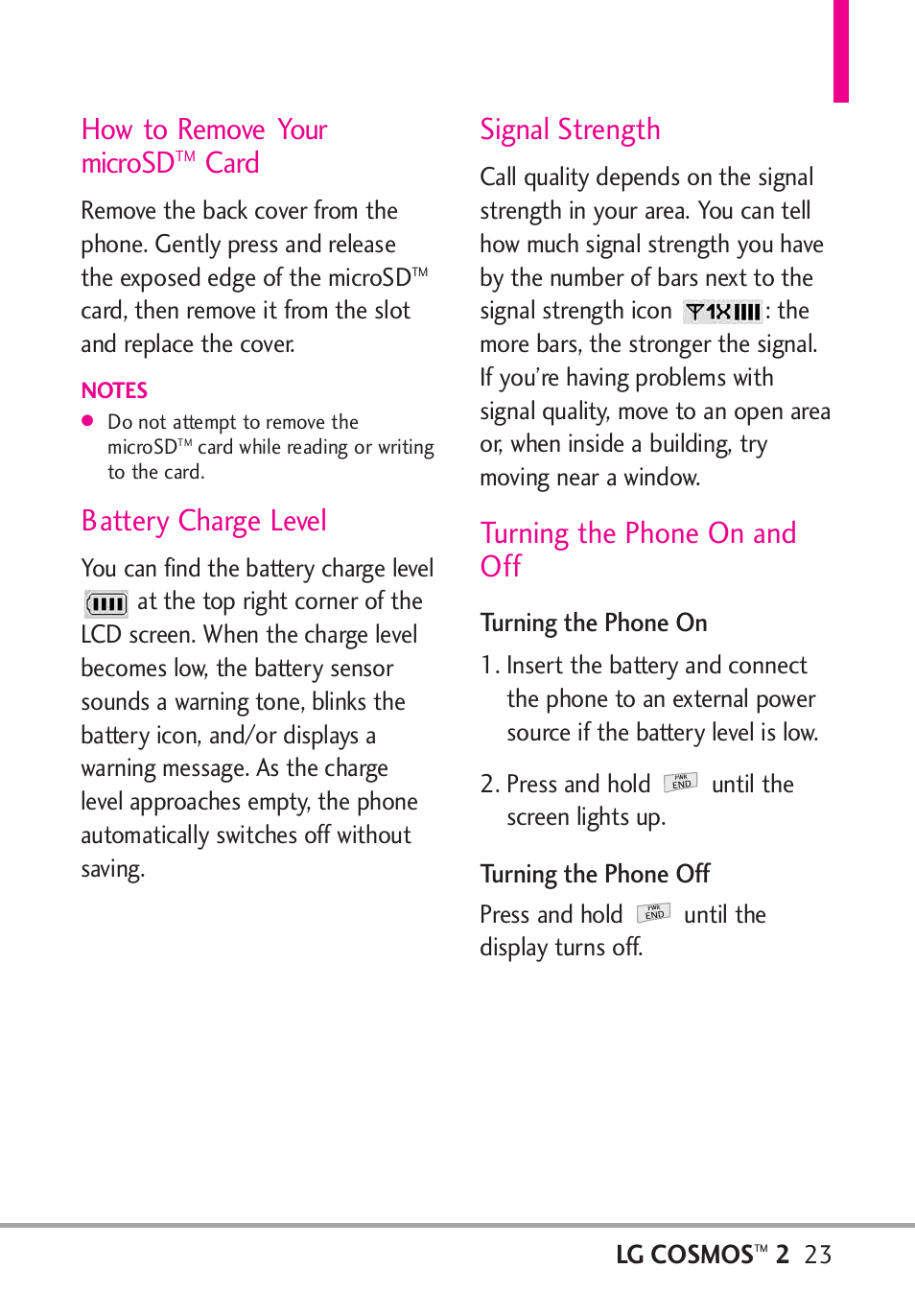 How to remove your microsdtm, Battery charge level, Signal strength | Turning the phone on and off, Card, How to remove your microsd | LG LGVN251 User Manual | Page 25 / 292