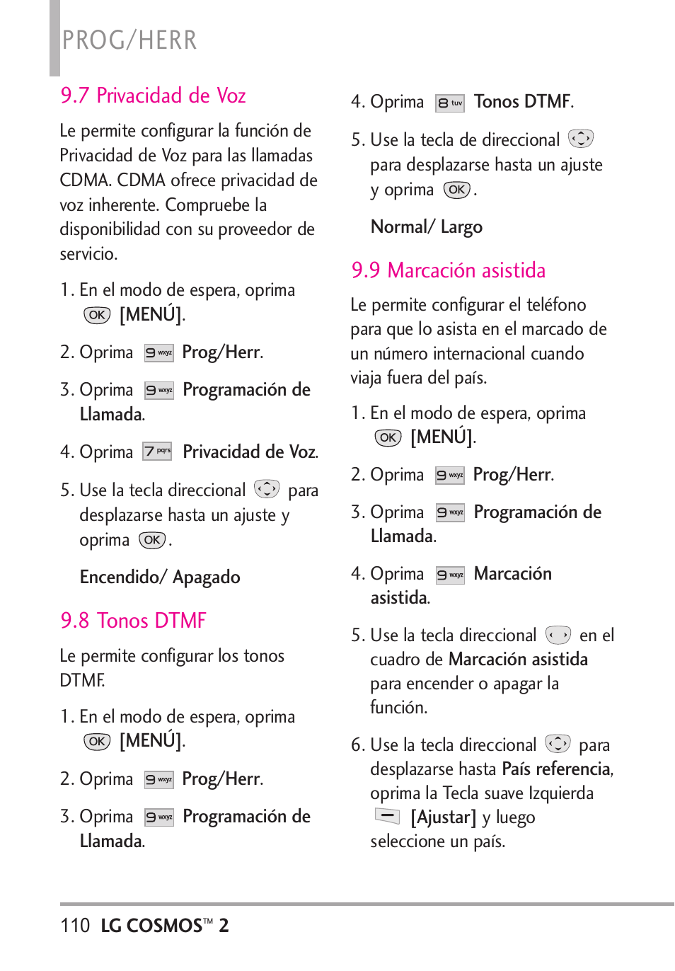 7 privacidad de voz, 8 tonos dtmf, 9 marcación asistida | Prog/herr | LG LGVN251 User Manual | Page 251 / 292