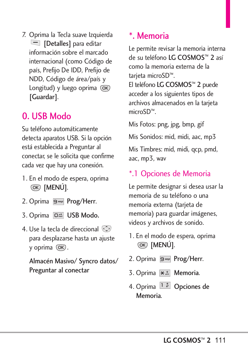 Usb modo, Memoria, 1 opciones de memoria | Usb modo *. memoria | LG LGVN251 User Manual | Page 252 / 292