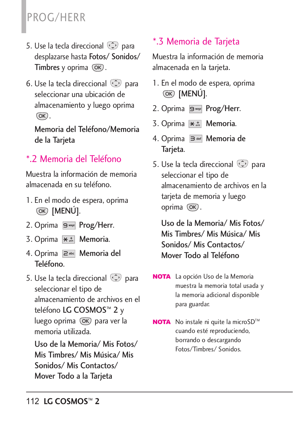 2 memoria del teléfono, 3 memoria de tarjeta, Prog/herr | LG LGVN251 User Manual | Page 253 / 292