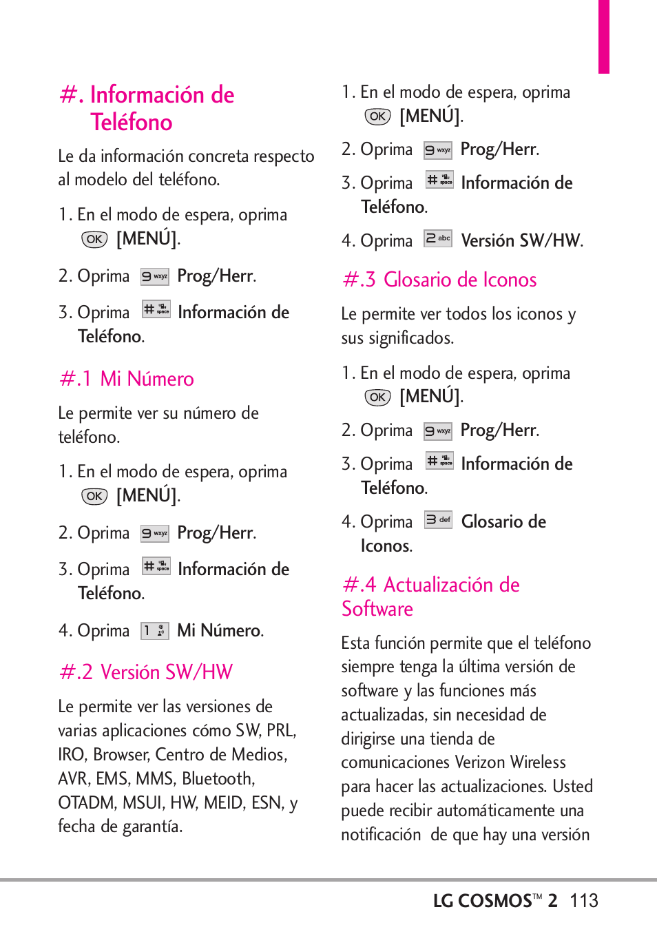 Información de teléfono, 1 mi número, 2 versión sw/hw | 3 glosario de iconos, 4 actualización de software | LG LGVN251 User Manual | Page 254 / 292