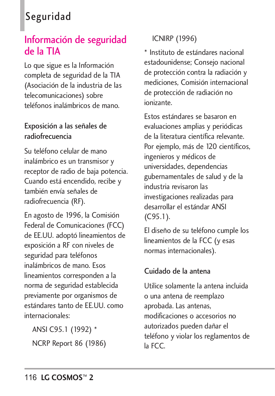 Seguridad, Información de seguridad de, Exposición a las señales de | Cuidado de la antena, Información de seguridad de la tia | LG LGVN251 User Manual | Page 257 / 292