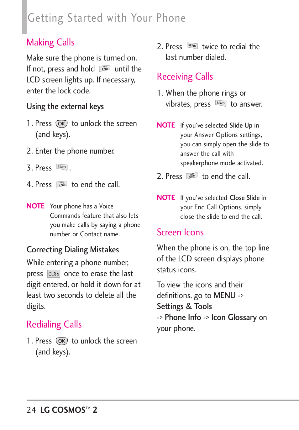 Making calls, Redialing calls, Receiving calls | Screen icons, Getting started with your phone | LG LGVN251 User Manual | Page 26 / 292