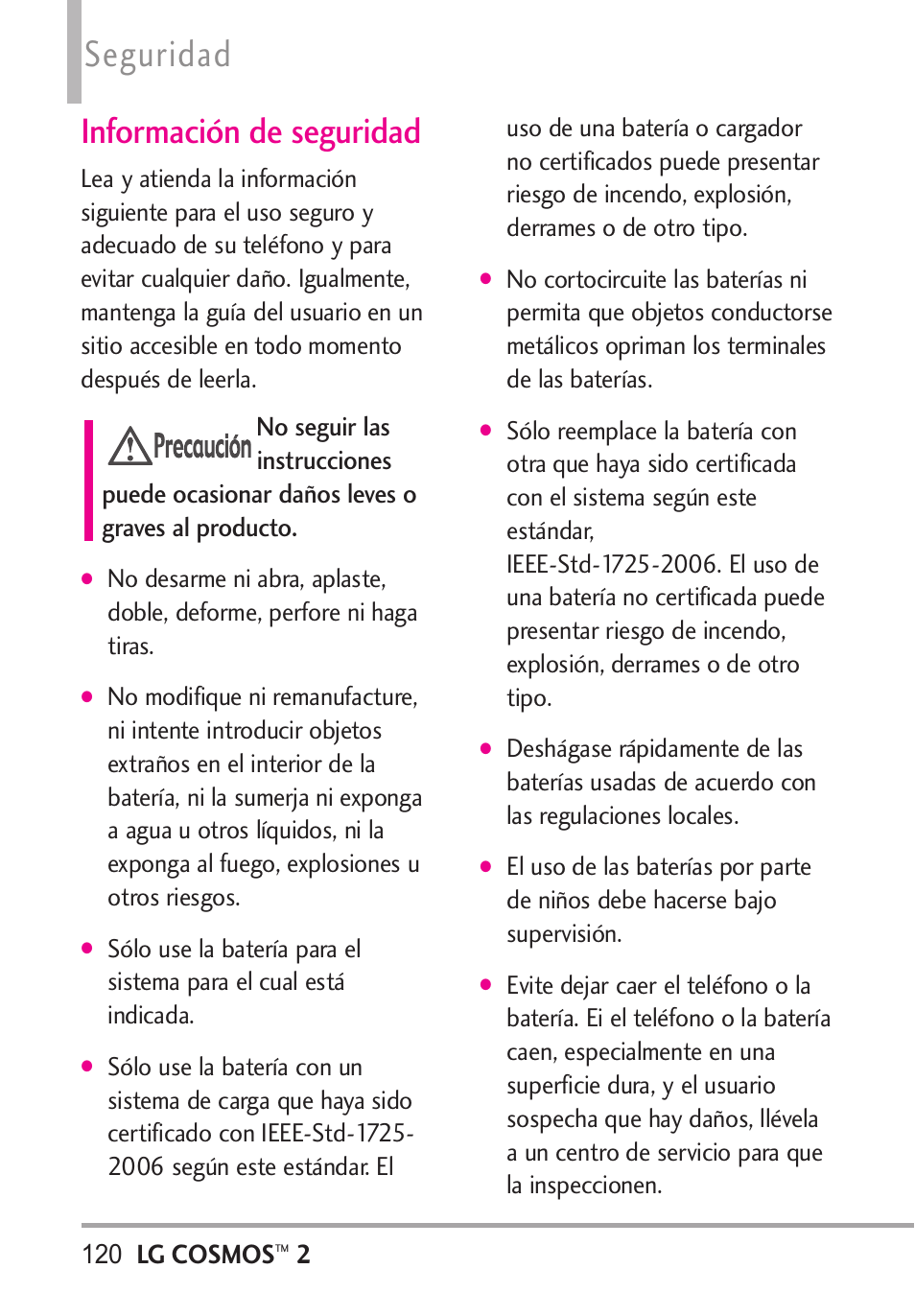 Información de seguridad, Seguridad, Lg cosmos | LG LGVN251 User Manual | Page 261 / 292