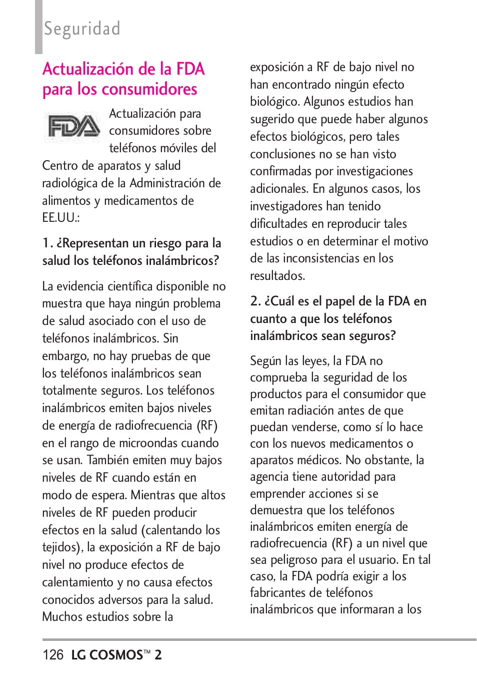 Actualización de la fda para, Actualización de la fda para los consumidores, Seguridad | LG LGVN251 User Manual | Page 267 / 292