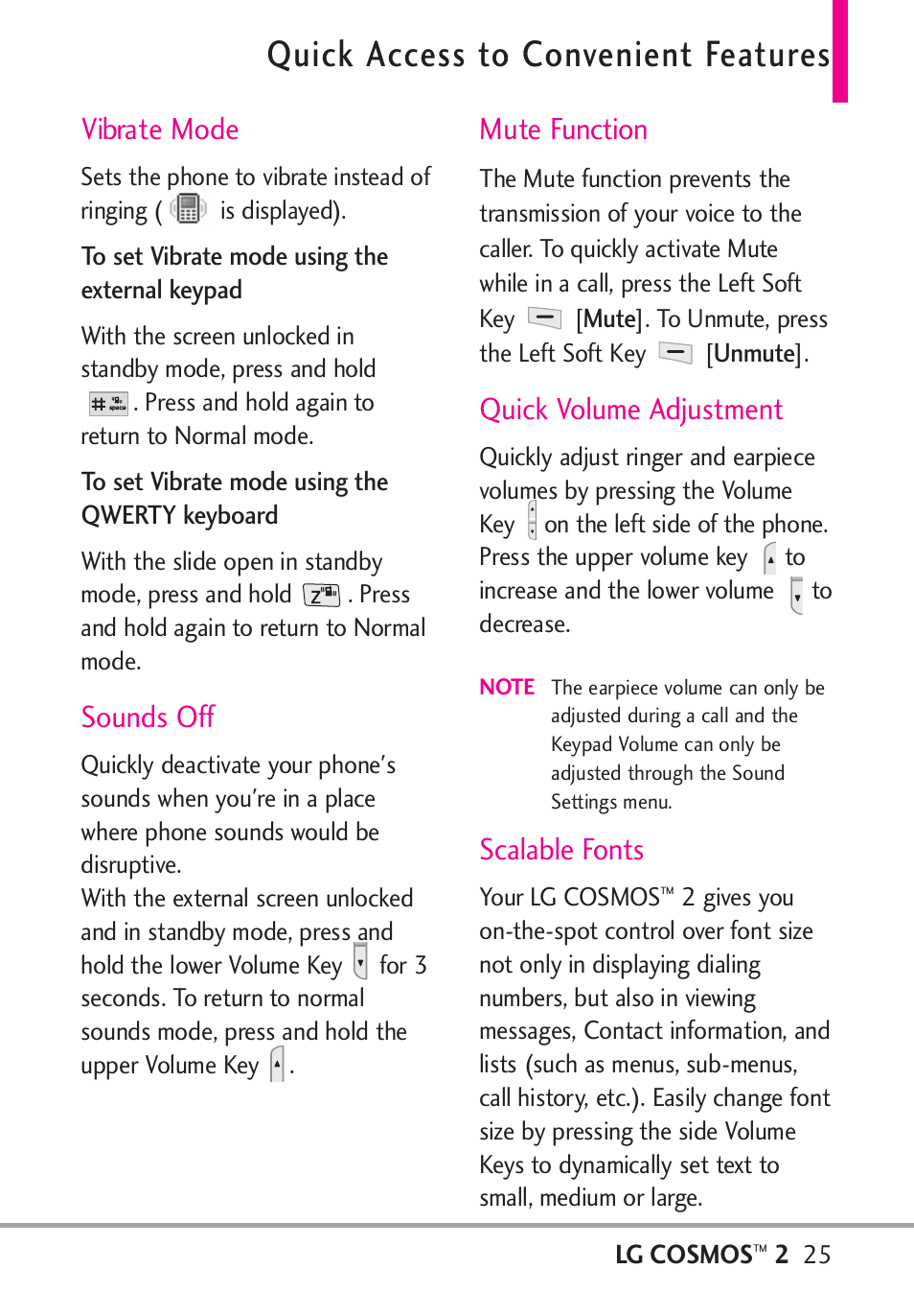 Quick access to convenient f, Vibrate mode, Sounds off | Mute function, Quick volume adjustment, Scalable fonts, Quick access to convenient features | LG LGVN251 User Manual | Page 27 / 292