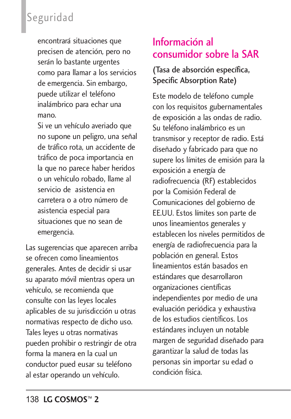 Información al consumidor s, Información al consumidor sobre la sar, Seguridad | LG LGVN251 User Manual | Page 279 / 292