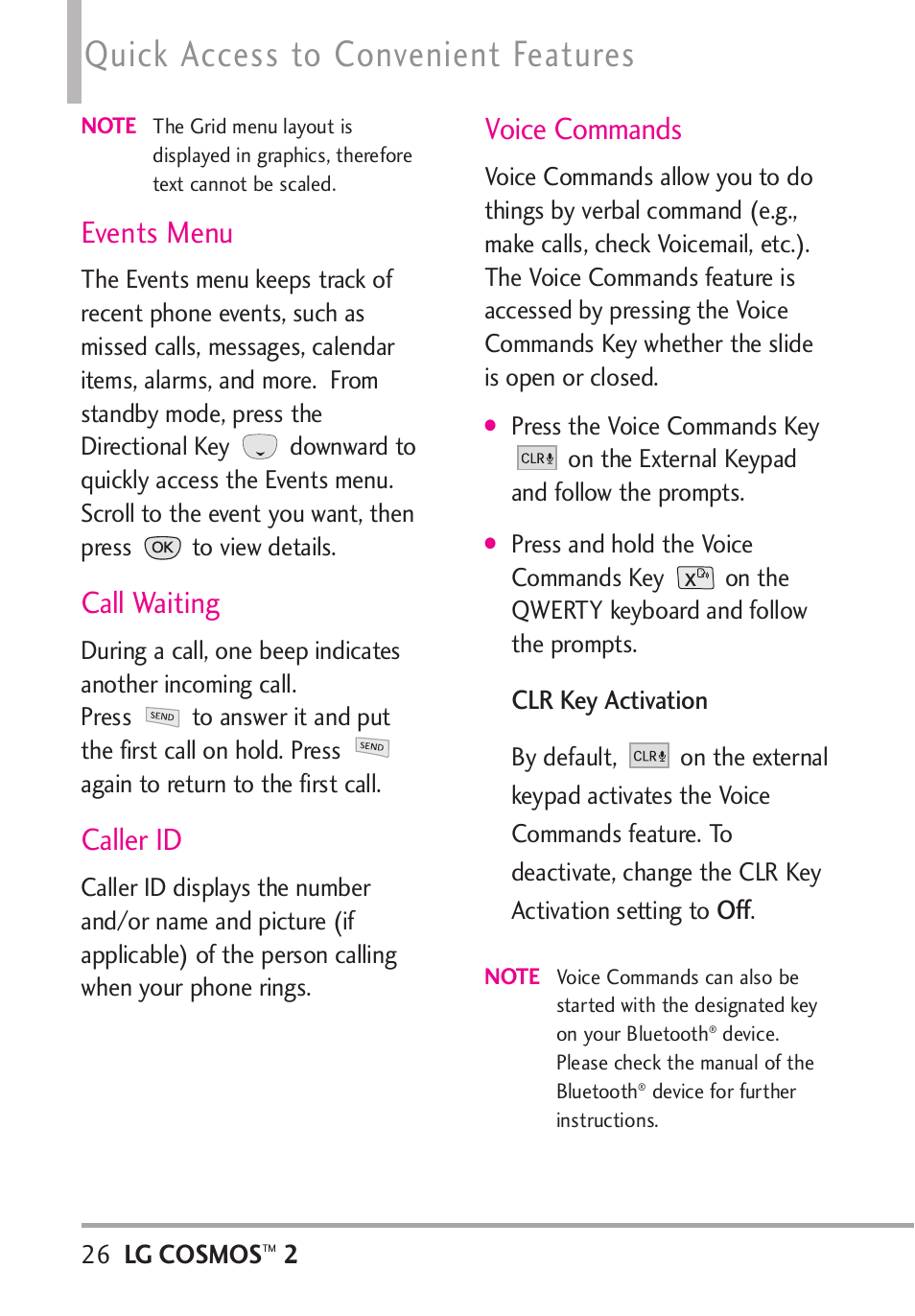 Events menu, Call waiting, Caller id | Voice commands, Quick access to convenient features | LG LGVN251 User Manual | Page 28 / 292