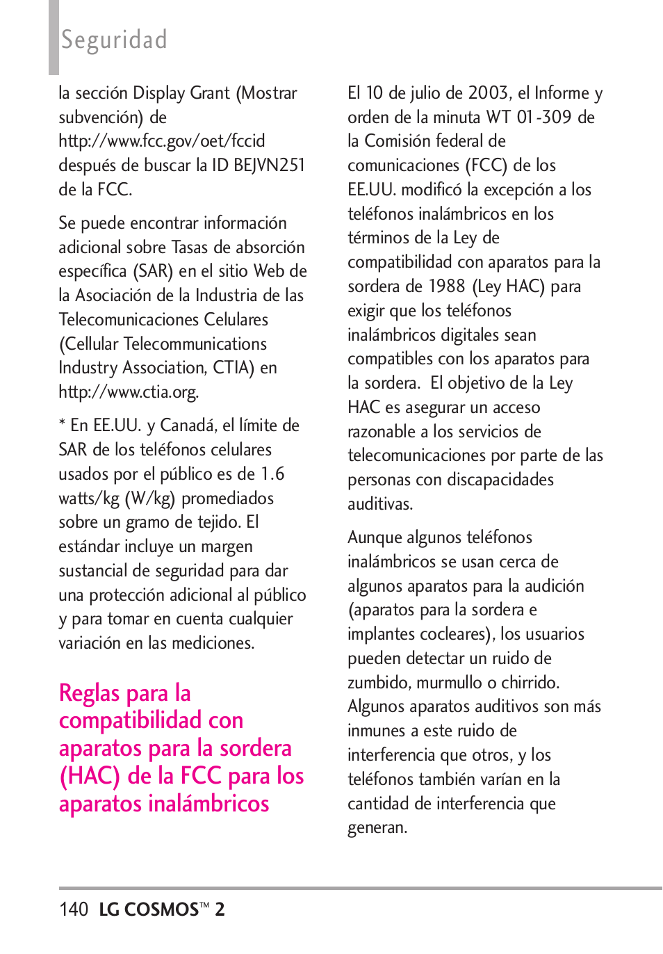 Reglas para la compatibilida, Seguridad | LG LGVN251 User Manual | Page 281 / 292