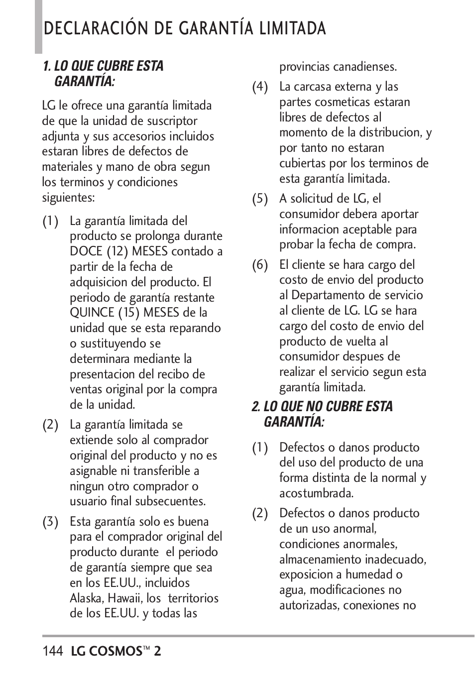 Declaración de garantía lim, Declaración de garantía limitada | LG LGVN251 User Manual | Page 285 / 292