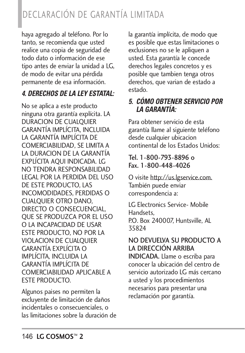 Declaración de garantía limitada | LG LGVN251 User Manual | Page 287 / 292