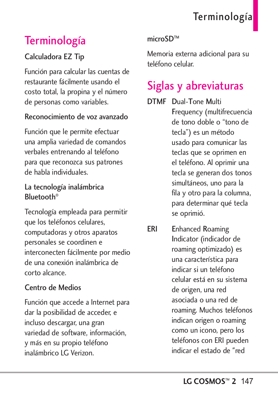 Terminología, Siglas y abreviaturas | LG LGVN251 User Manual | Page 288 / 292