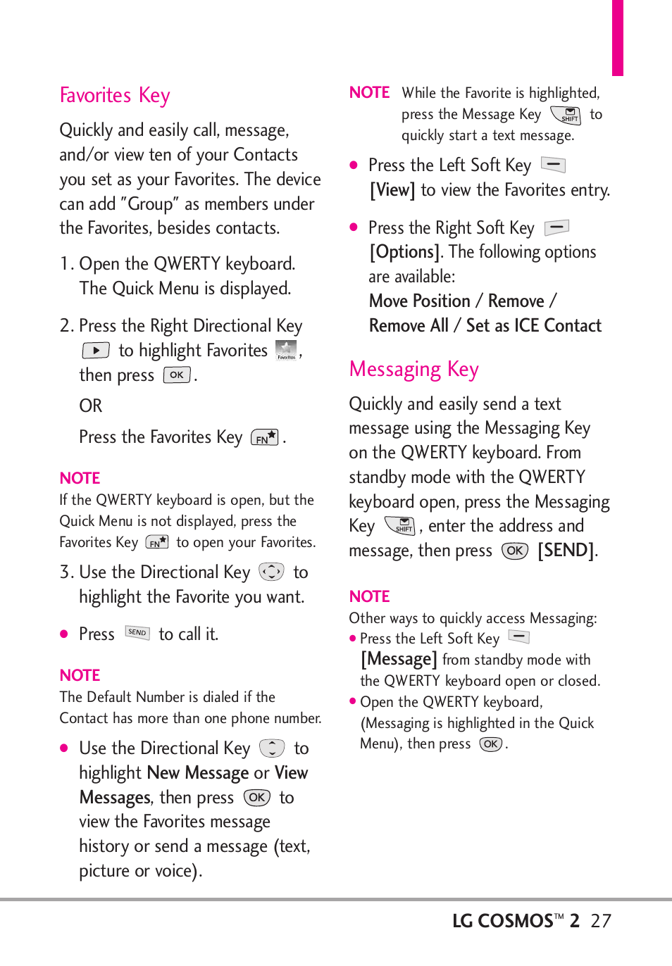 Favorites key, Messaging key | LG LGVN251 User Manual | Page 29 / 292