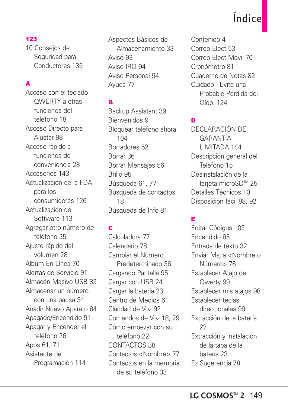 Índice, Lg cosmos | LG LGVN251 User Manual | Page 290 / 292