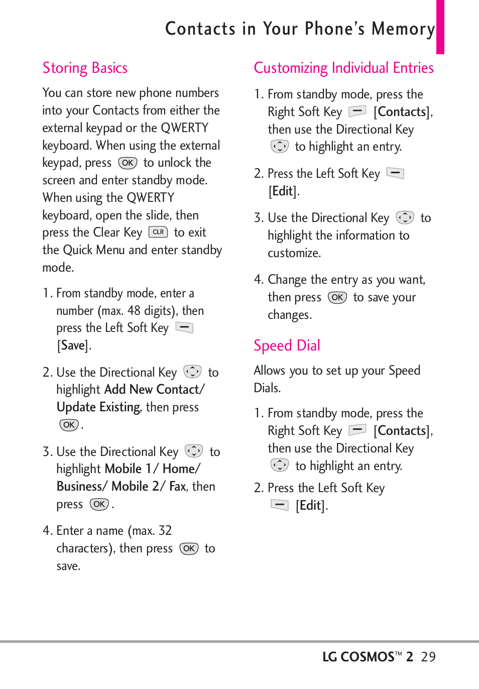 Contacts in your phone’s memory, Storing basics, Customizing individual entries | Speed dial | LG LGVN251 User Manual | Page 31 / 292