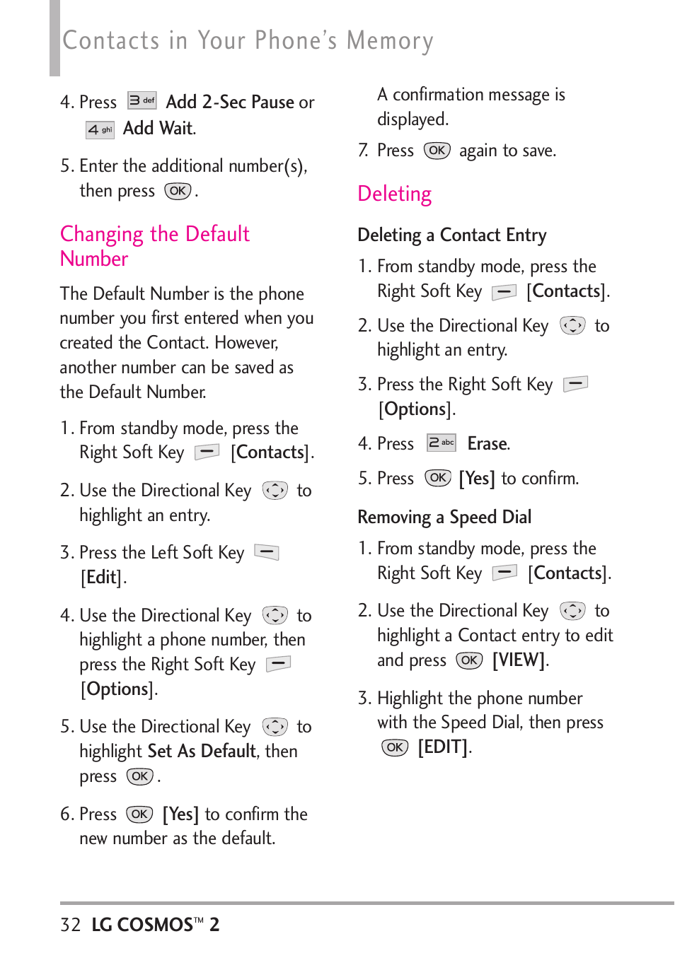 Changing the default number, Deleting | LG LGVN251 User Manual | Page 34 / 292