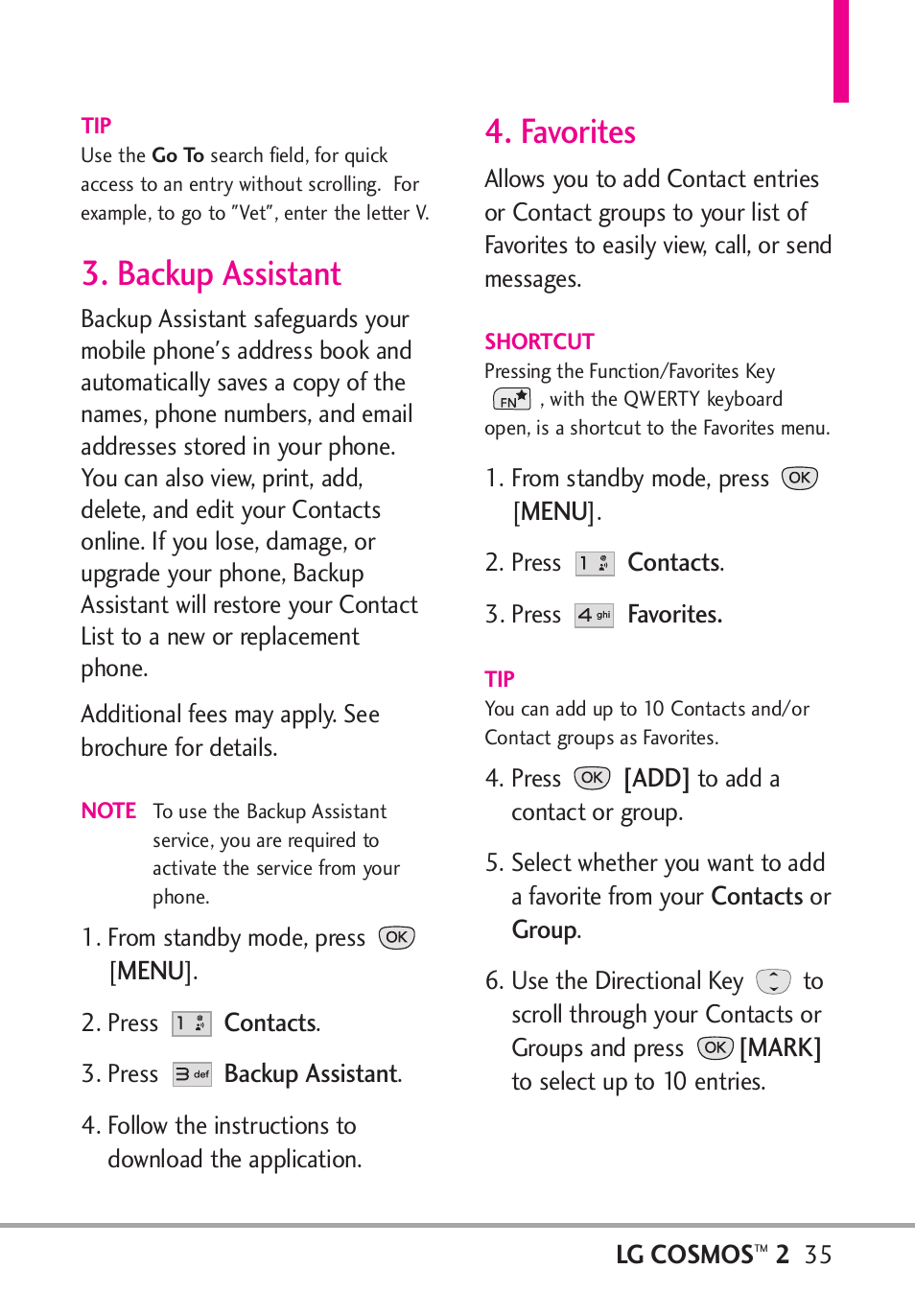 Backup assistant, Favorites, Backup assistant 4. favorites | LG LGVN251 User Manual | Page 37 / 292