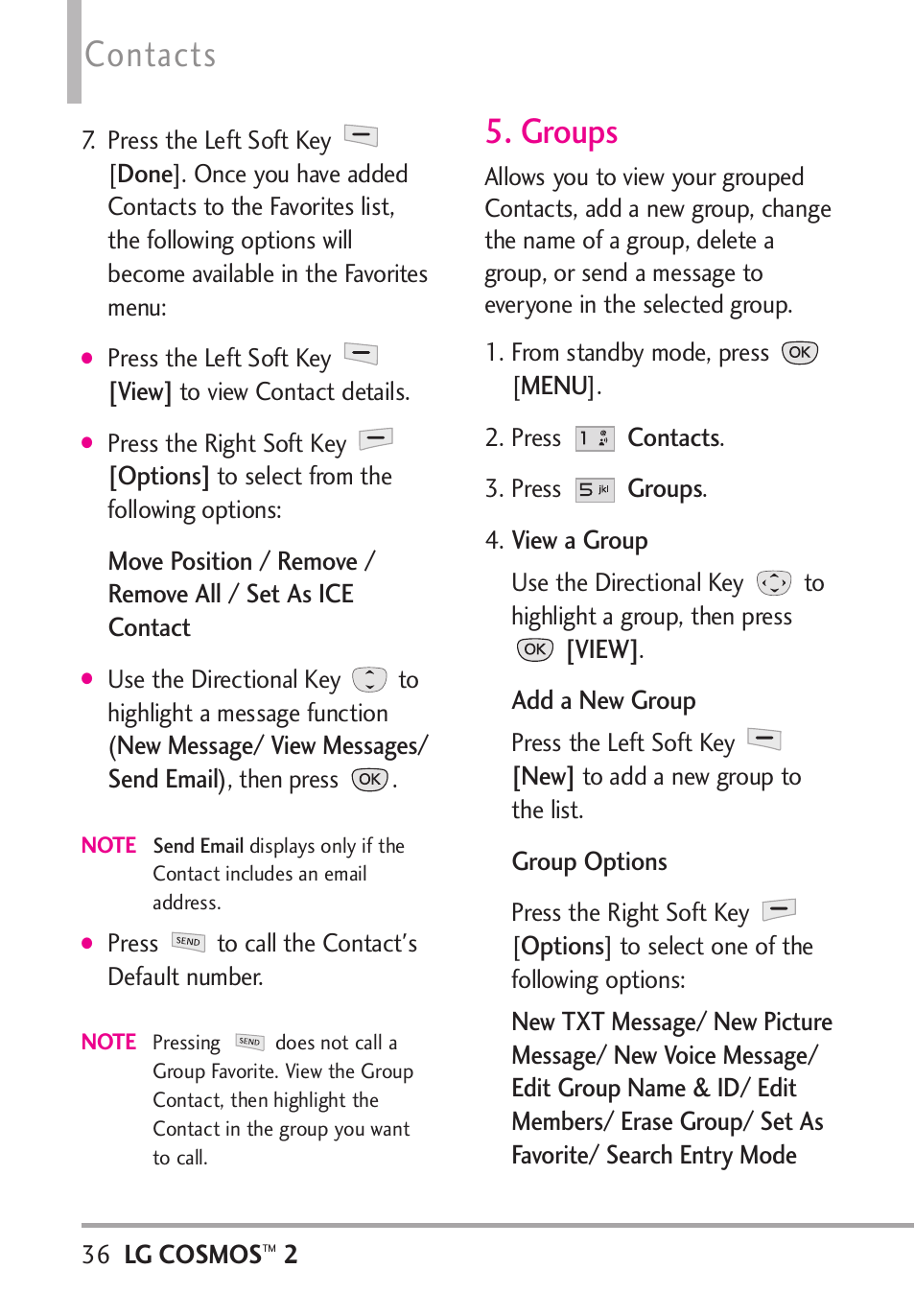 Groups, Contacts | LG LGVN251 User Manual | Page 38 / 292