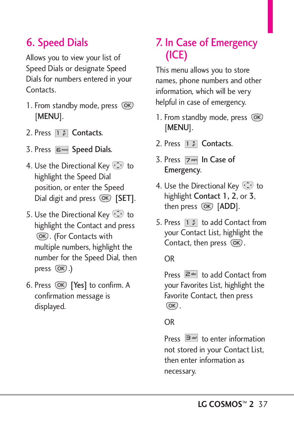 Speed dials, In case of emergency (ice), Speed dials 7. in case of emergency (ice) .37 | LG LGVN251 User Manual | Page 39 / 292