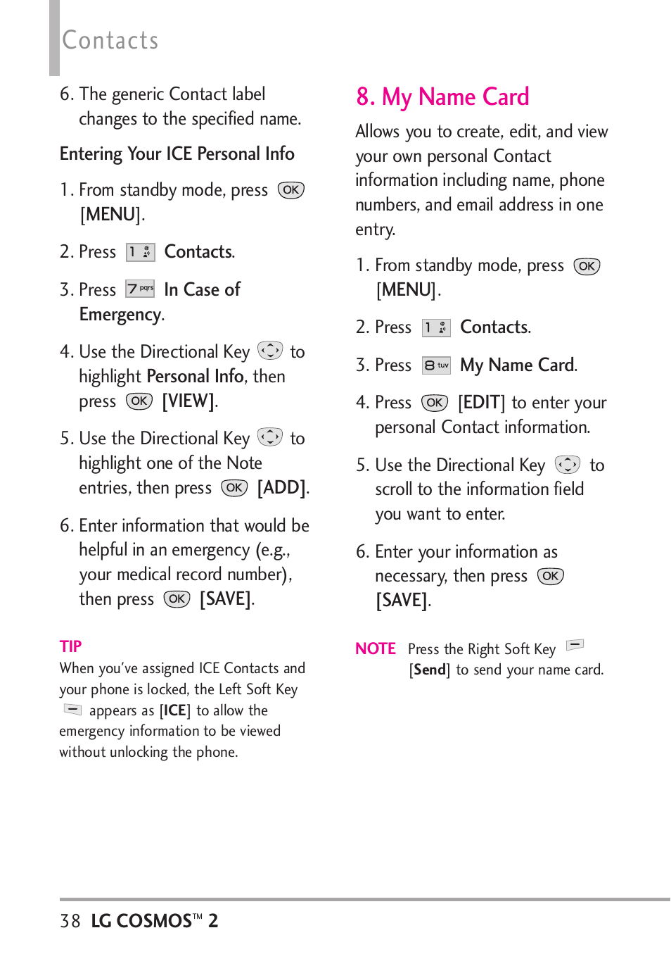 My name card, Contacts | LG LGVN251 User Manual | Page 40 / 292