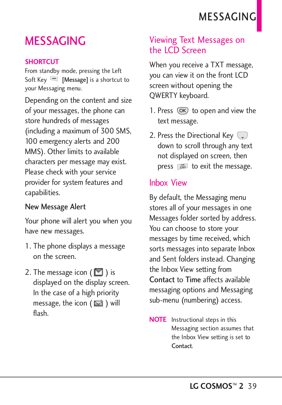 Messaging, Viewing text messages on the lcd screen, Inbox view | LG LGVN251 User Manual | Page 41 / 292