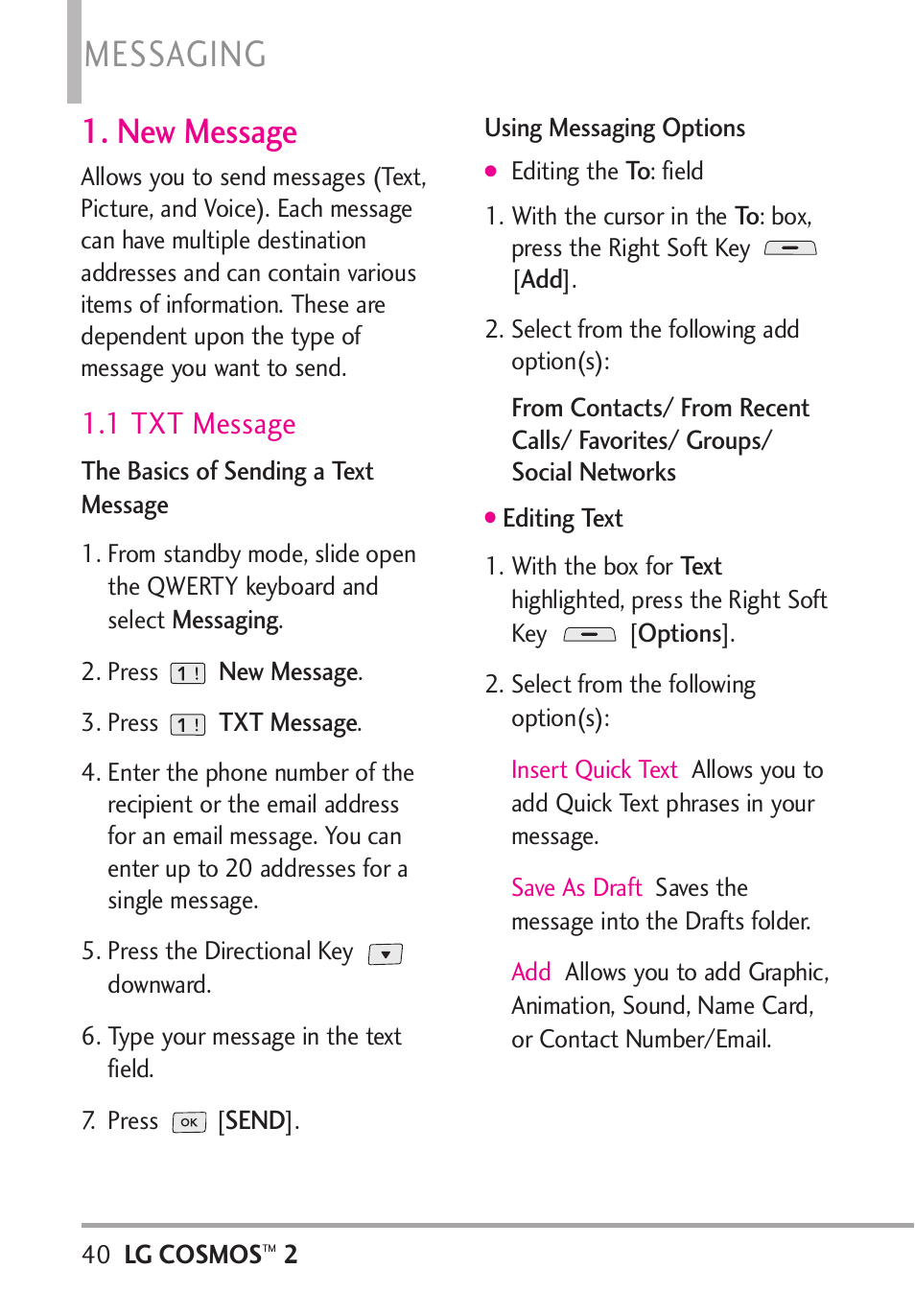 New message, 1 txt message, Messaging | LG LGVN251 User Manual | Page 42 / 292