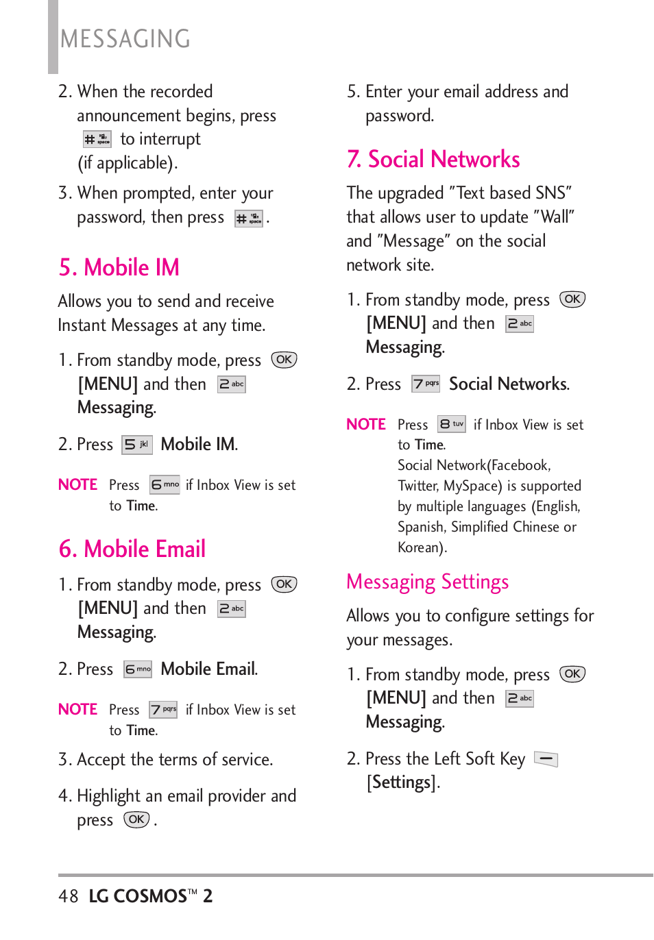 Mobile im, Mobile email, Social networks | Mobile im 6. mobile email 7. social networks, Messaging, Messaging settings | LG LGVN251 User Manual | Page 50 / 292