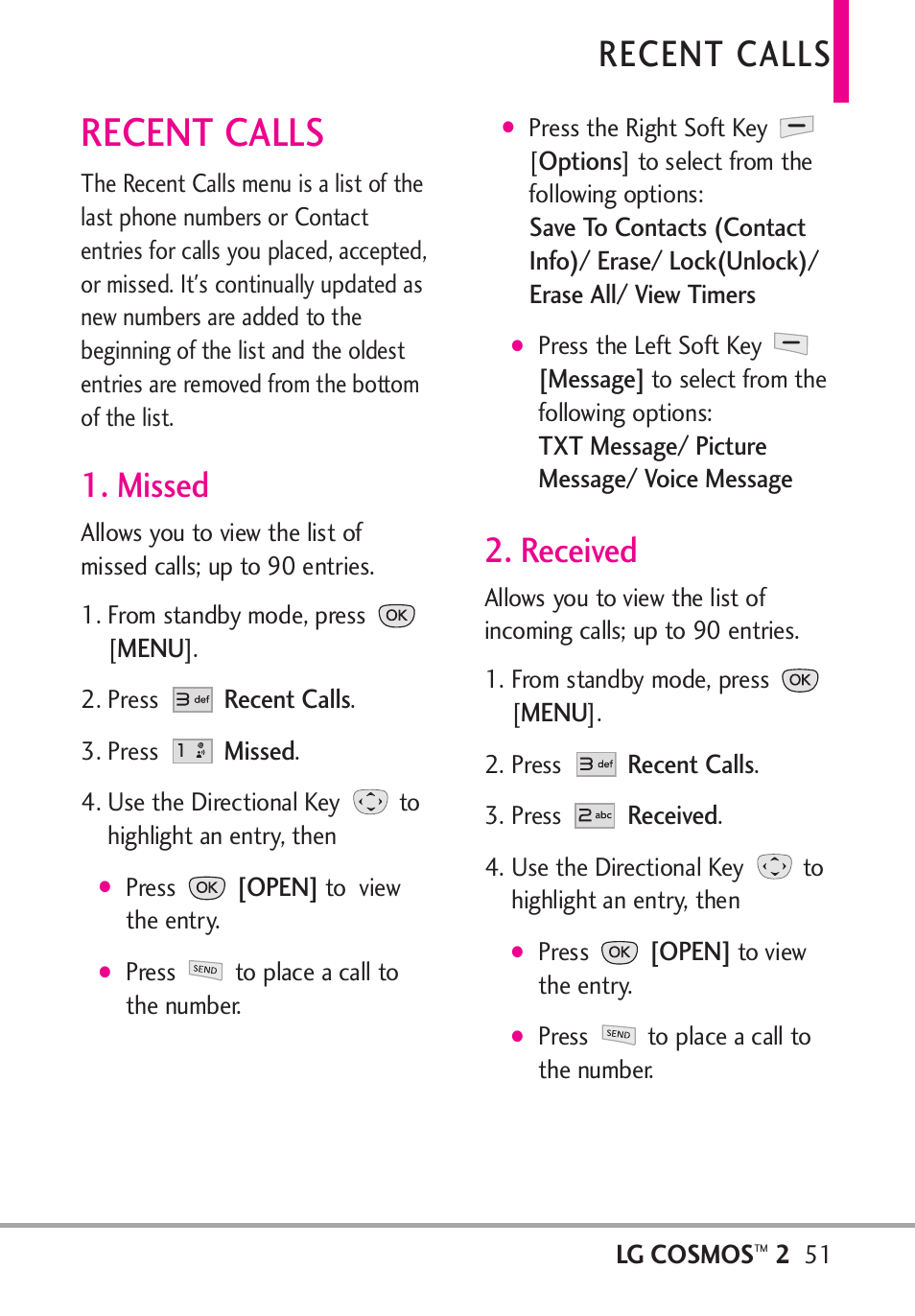 Recent calls, Missed, Received | Missed 2. received | LG LGVN251 User Manual | Page 53 / 292