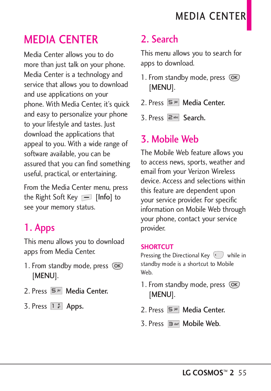 Media center, Apps, Search | Mobile web, Apps 2. search 3. mobile web | LG LGVN251 User Manual | Page 57 / 292