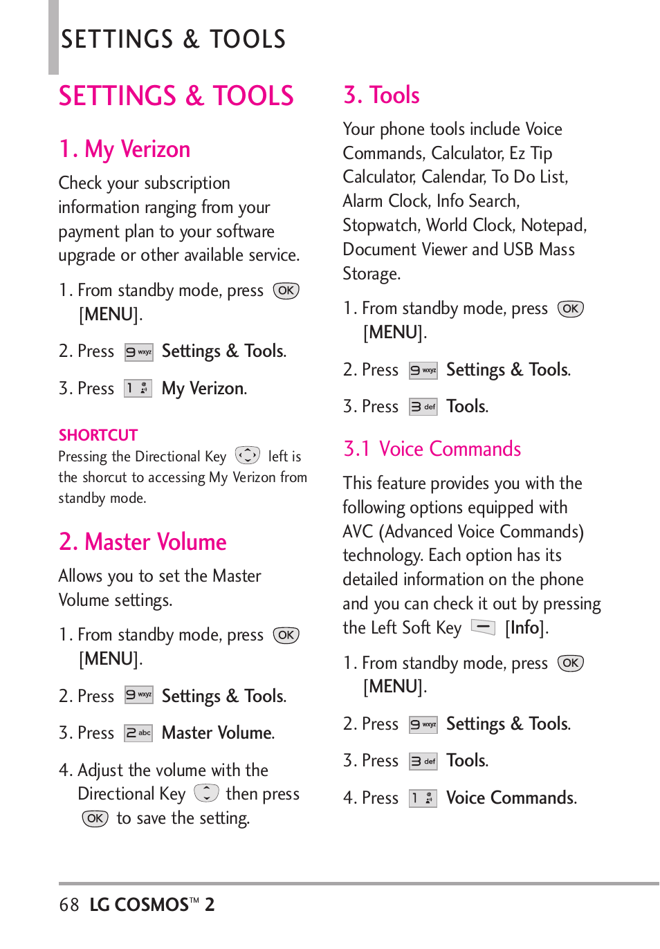 Settings & tools, My verizon, Master volume | Tools, 1 voice commands, My verizon 2. master volume 3. tools | LG LGVN251 User Manual | Page 70 / 292