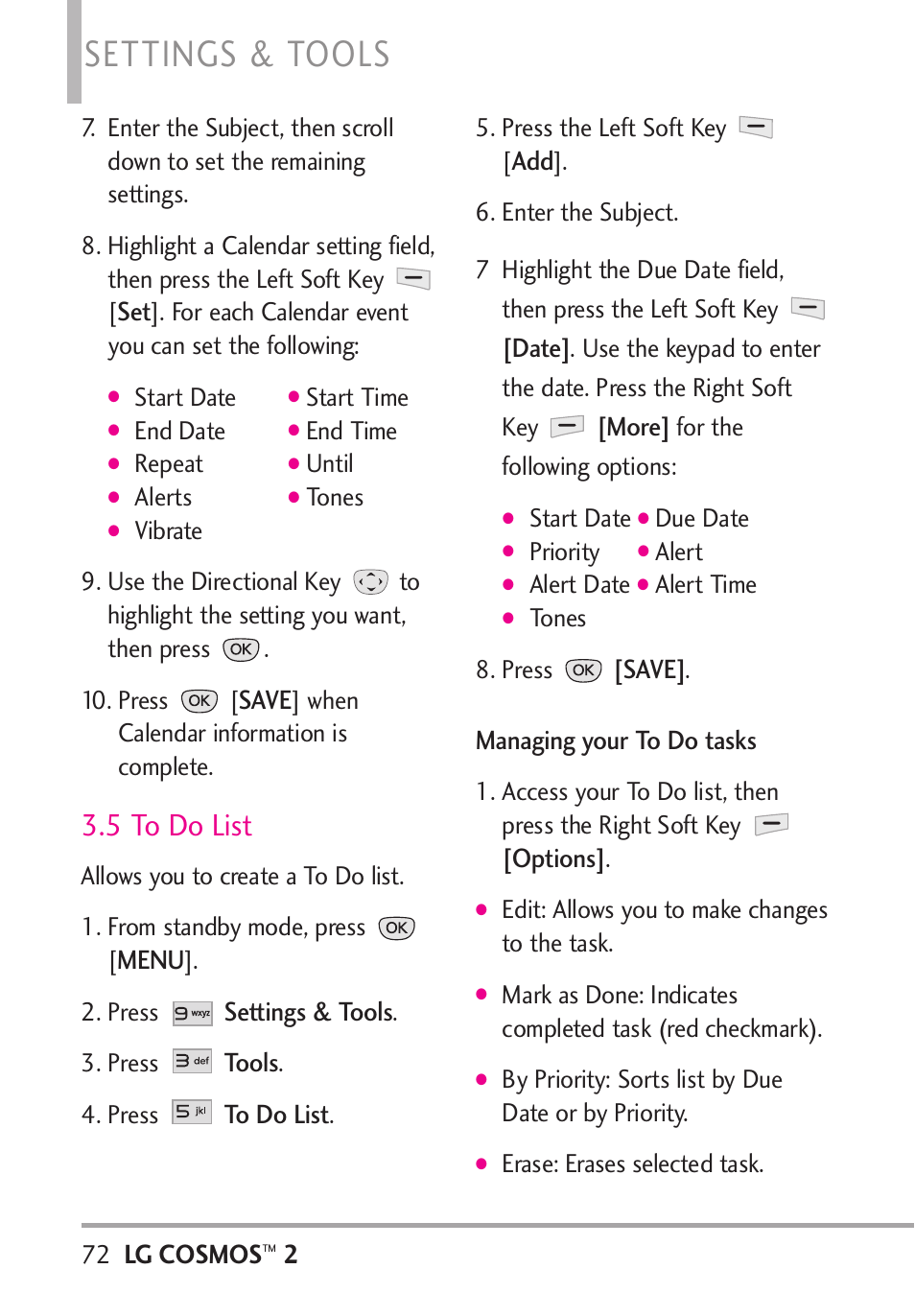 5 to do list, Settings & tools | LG LGVN251 User Manual | Page 74 / 292