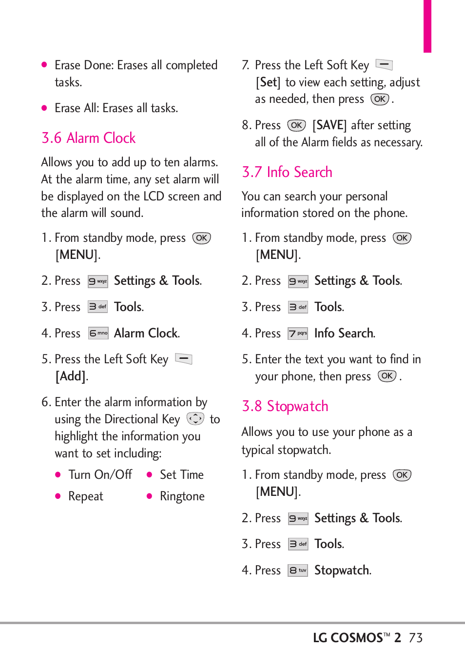 6 alarm clock, 7 info search, 8 stopwatch | LG LGVN251 User Manual | Page 75 / 292