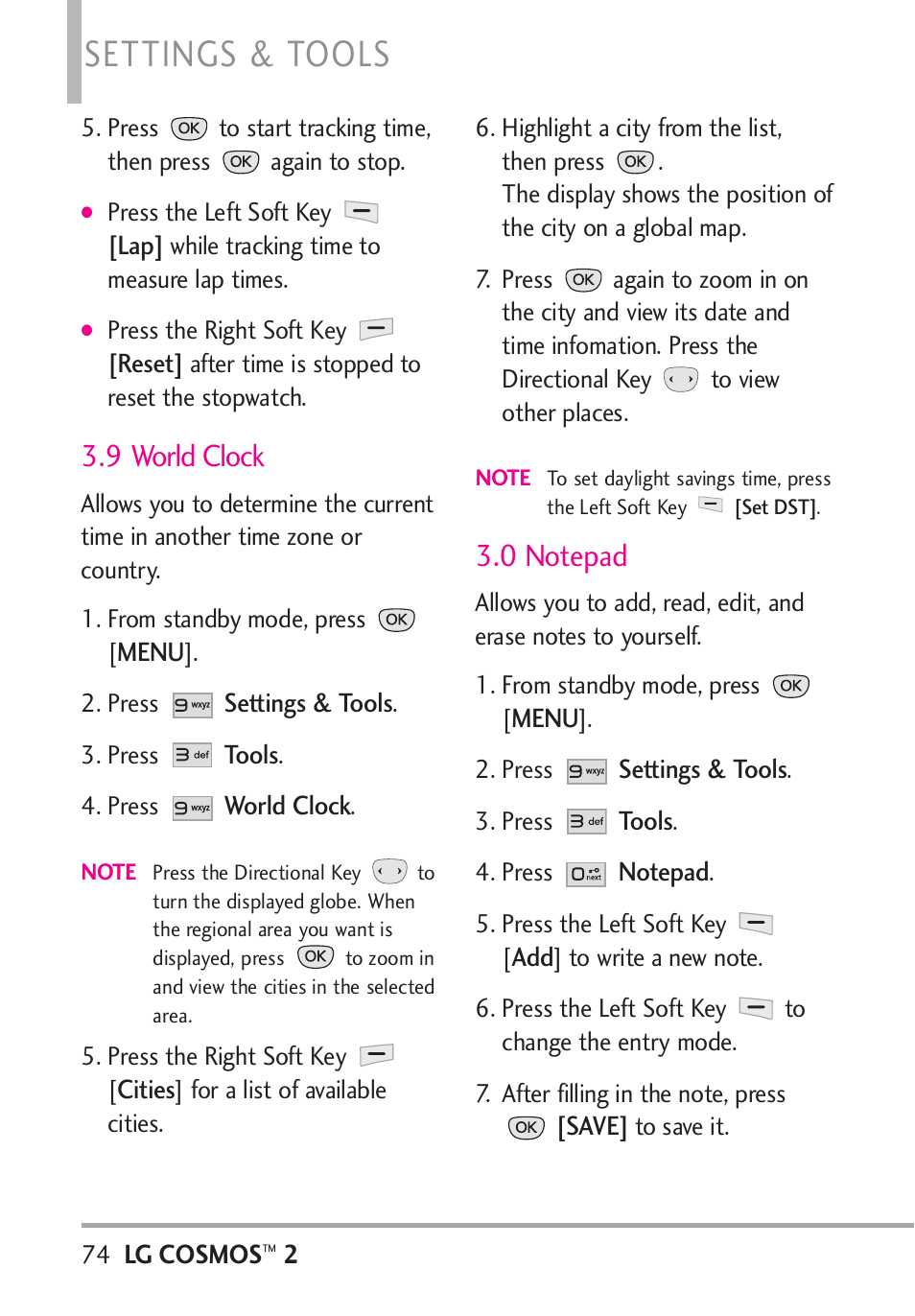 9 world clock, 0 notepad, Settings & tools | LG LGVN251 User Manual | Page 76 / 292