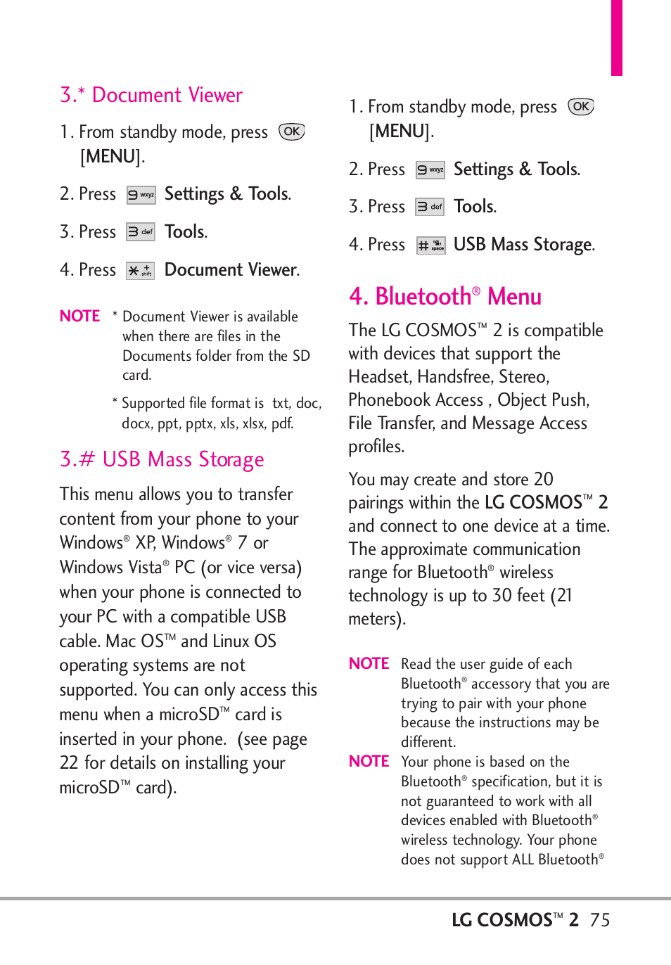 * document viewer, # usb mass storage, Bluetooth® menu | Bluetooth, Menu, Lg cosmos, Settings & tools, Tools, Document viewer, Usb mass storage | LG LGVN251 User Manual | Page 77 / 292