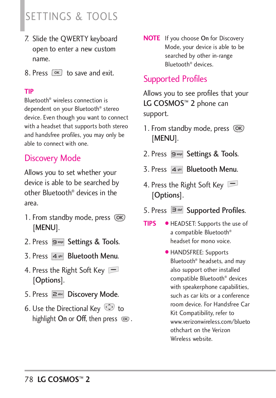 Settings & tools, Discovery mode, Supported profiles | LG LGVN251 User Manual | Page 80 / 292