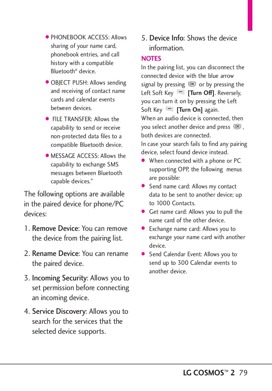 Lg cosmos, Remove device, Rename device | Incoming security, Service discovery, Device info | LG LGVN251 User Manual | Page 81 / 292