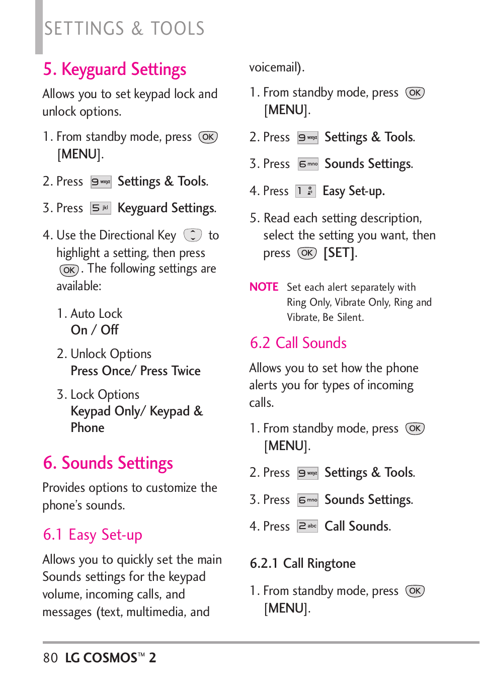 Keyguard settings, Sounds settings, 1 easy set-up | 2 call sounds, 1 call ringtone, Keyguard settings 6. sounds settings, Settings & tools | LG LGVN251 User Manual | Page 82 / 292