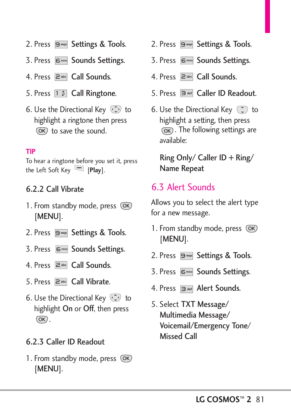 2 call vibrate, 3 caller id readout, 3 alert sounds | 2 call vibrate 6.2.3 caller id readout | LG LGVN251 User Manual | Page 83 / 292