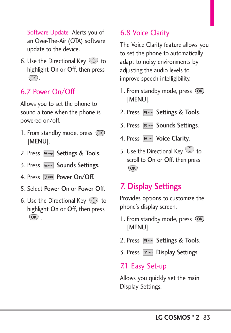 7 power on/off, 8 voice clarity, Display settings | 1 easy set-up | LG LGVN251 User Manual | Page 85 / 292