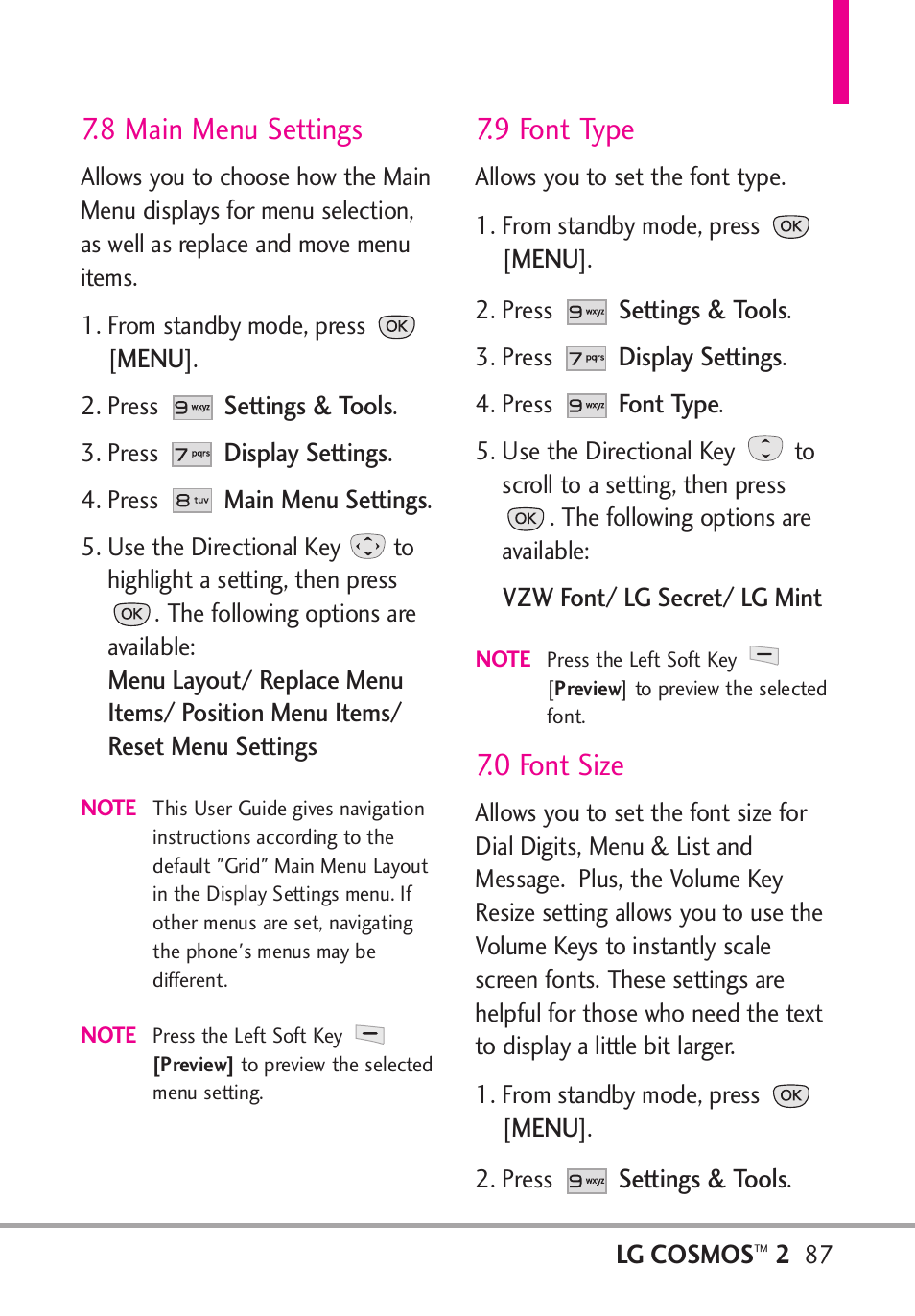 8 main menu settings, 9 font type, 0 font size | LG LGVN251 User Manual | Page 89 / 292