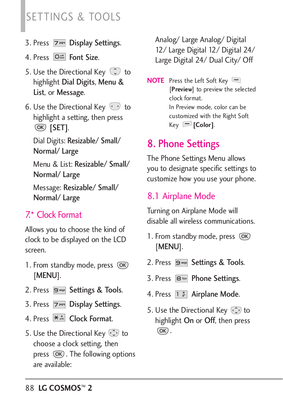 * clock format, Phone settings, 1 airplane mode | Settings & tools | LG LGVN251 User Manual | Page 90 / 292