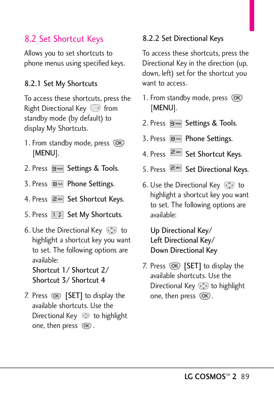 2 set shortcut keys, 1 set my shortcuts, 2 set directional keys | 1 set my shortcuts 8.2.2 set directional keys | LG LGVN251 User Manual | Page 91 / 292